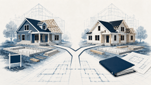 Illustration comparing a builder-owned spec home with a customer-contracted home under construction.