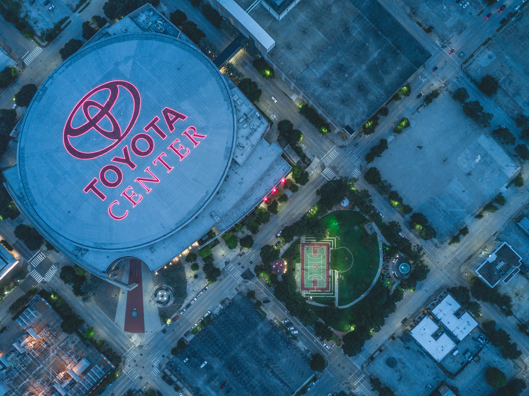 Aerial view of the Houston Rockets arena and downtown Houston