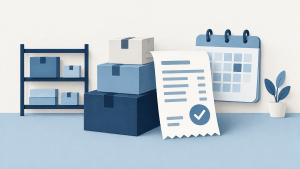Illustration of merchandise boxes, a checked purchase receipt and a calendar representing purchase-payment timing.
