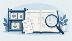 Illustration of boxed merchandise, a purchase receipt and an accounting ledger being examined with a magnifying glass.